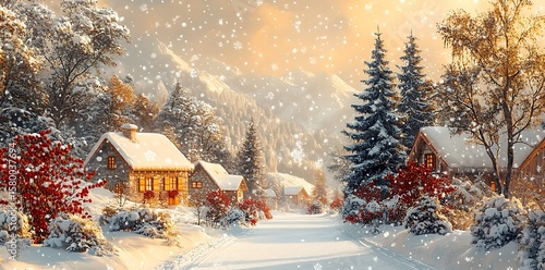 Cozy stone cottages in snowy mountain village winter mountains