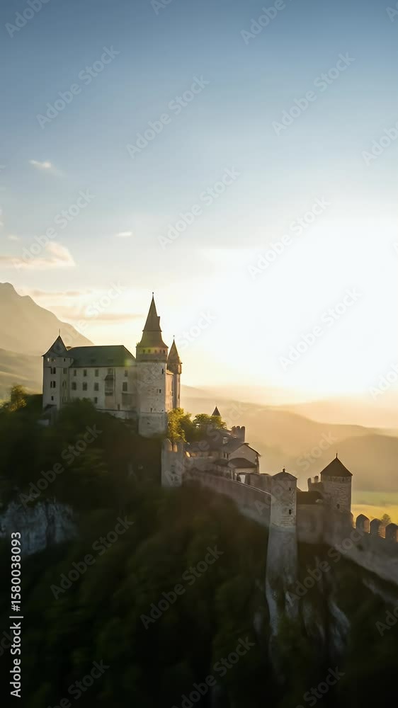 Scenic Medieval Castle on Hilltop among Mountains and Green Forest Scenic Medieval Castle on Hilltop among Mountains and Green Forest