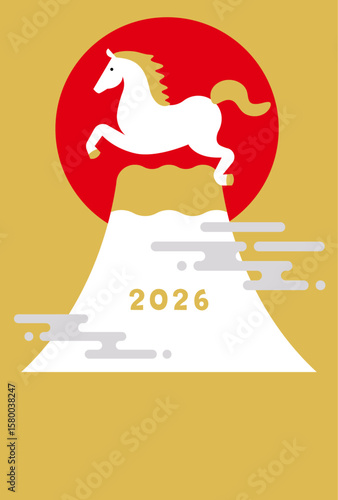 New Year's Cards-103　2026年、年賀状 午（うま・馬）の干支イラスト。 令和8年、年賀状テンプレート。和モダンなデザインの年賀状。