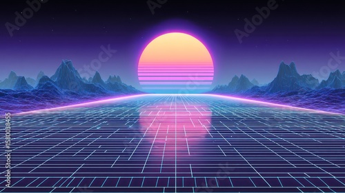 Retro digital landscape with gridded path and retro sunset