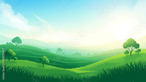 A serene cartoon landscape featuring rolling green hills, scattered trees, and a bright, sunny sky with soft clouds.
