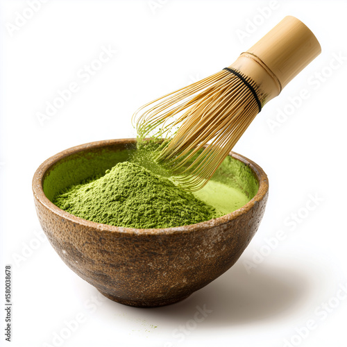Matcha powder falling into a bamboo whisk bowl