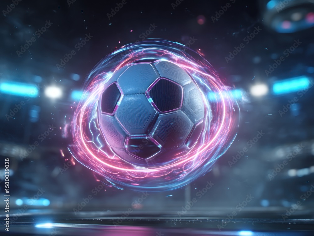 Fototapeta premium Futuristic soccer ball in motion with vibrant energy trails night stadium background