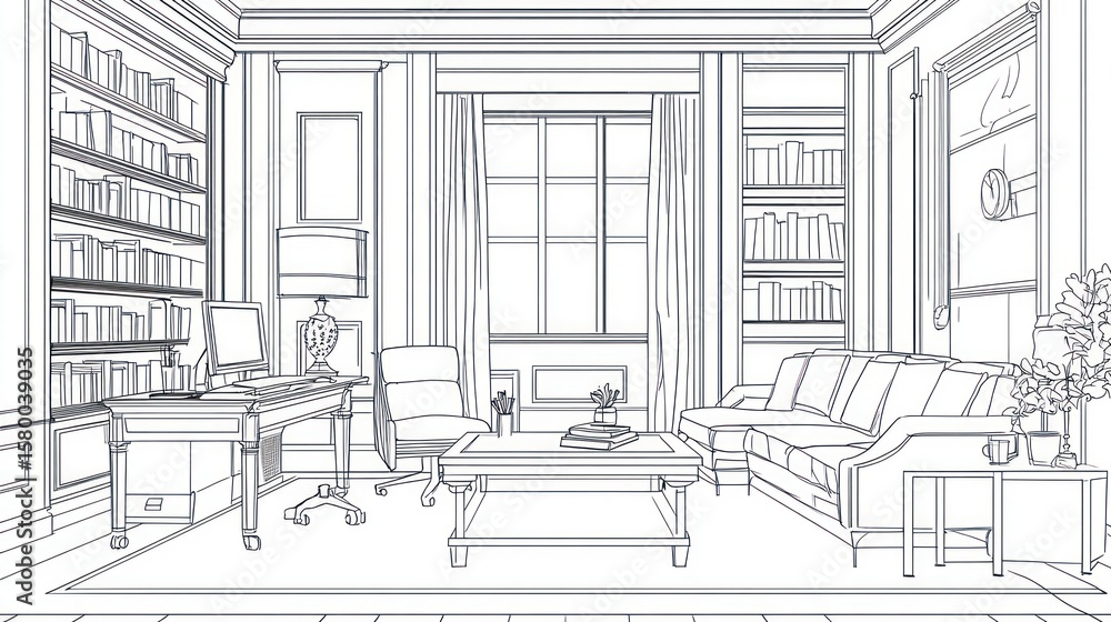 Fototapeta premium Detailed line drawing of a classic study room.