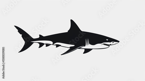 A stylized black and white illustration of a great white shark swimming, depicted in a side profile.