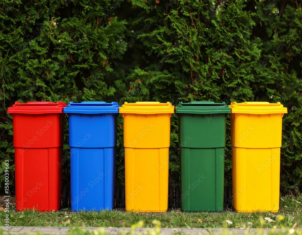 Colorful Recycling Bins Against Green Hedge | Waste Management & Sustainability Colorful Recycling Bins Against Green Hedge | Waste Management & Sustainability