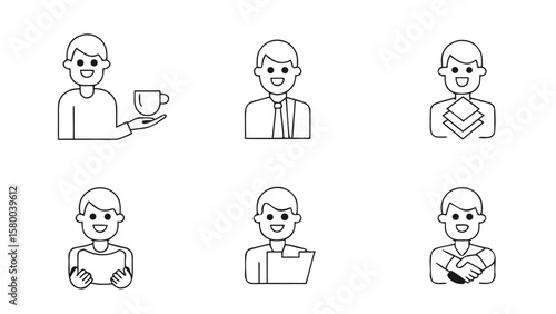 Business character icons set with different office activities including coffee reading handshake and documents