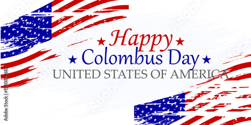 Happy Columbus day background with USA Flag and Sillhouette of Ship. Old marine navy vessel, America flag color combination, celebrate Christopher Columbus discover the America.
