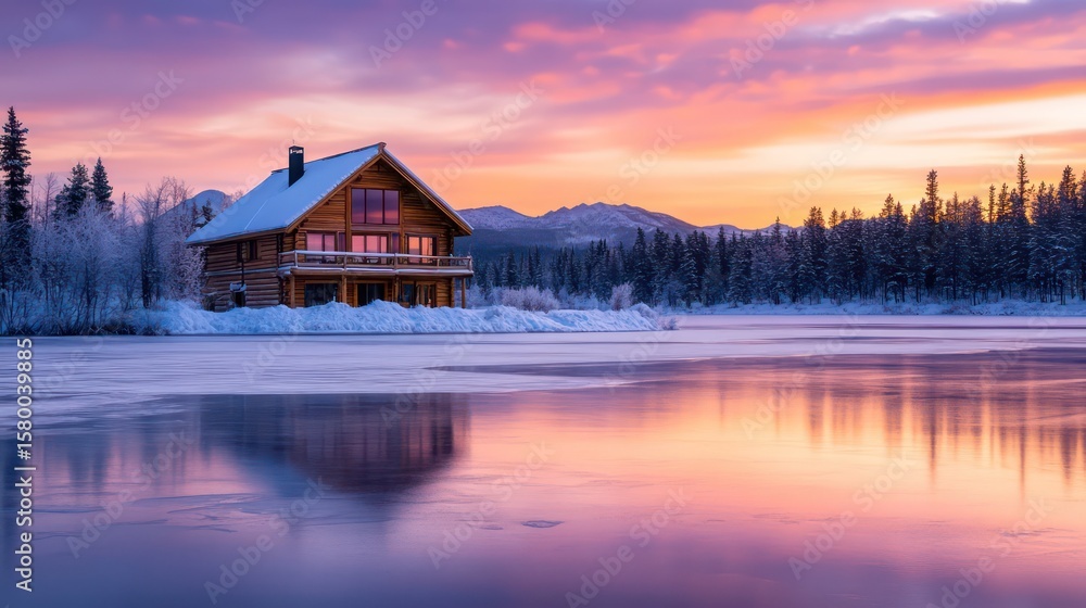 Fototapeta premium Tranquil Winter Cabin Reflecting Sunset Colors on Frozen Lake Surface