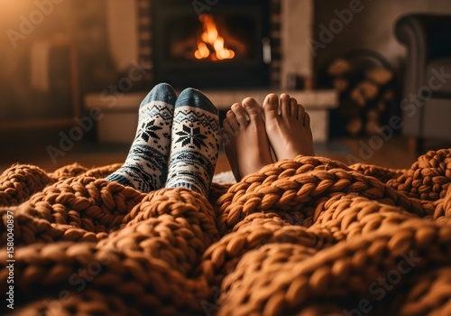 Close-up of two people's feet snuggled under a cozy knit blanket