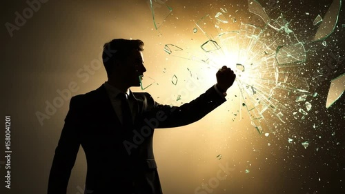 Businessman breaking through glass barrier in silhouette