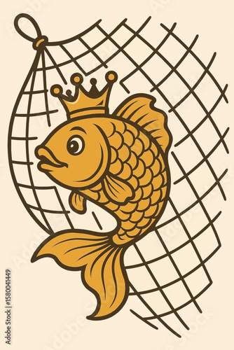 Goldfish with crown caught in a net concept of Slavic fairy tales, Slavic mythology  