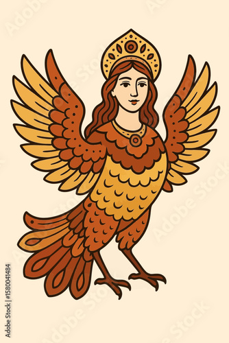 Alkonost bird with human features and ornate wings in vibrant colors - Concept of Slavic fairy tales, Slavic mythology  