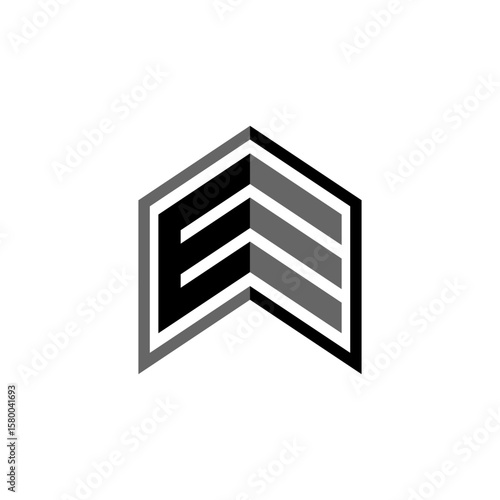A black and white, chevron-shaped logo with a stylized letter 'E' on the left and three horizontal bars on the right, enclosed by gray outlines