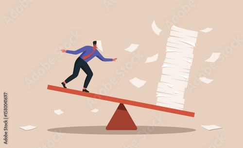 Businessman on a seesaw tipping under the weight of paperwork, concept of work life imbalance, stress, and the pressure of unrealistic workloads in corporate life, flat vector illustration