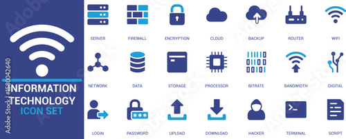 IT icon set featuring server, network, cloud, firewall, data, encryption, storage, wifi, login, upload, download, terminal, script, and hacker.
