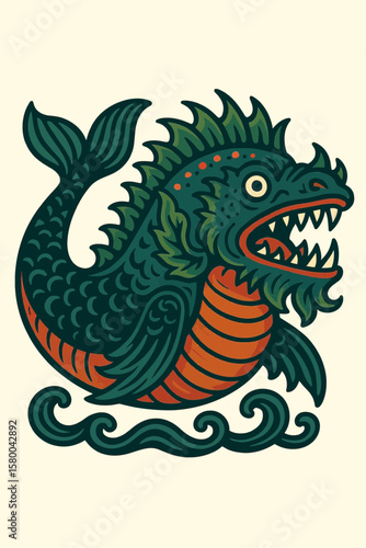Chudo-Yudo fish whale illustrated with fierce expression in water waves, Concept of Slavic fairy tales, Slavic mythology  