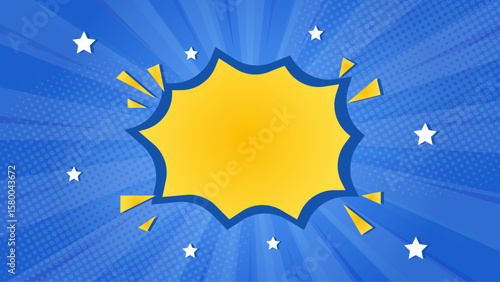 Blue comic book style background with yellow speech bubble. Suitable for graphic design projects, presentations, social media posts, and advertising.