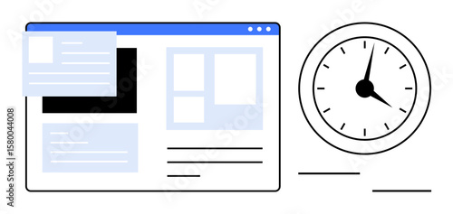 Webpage interface with navigation elements alongside an analog clock. Ideal for productivity, scheduling, efficiency, deadline management, workflow, project planning, simple flat metaphor