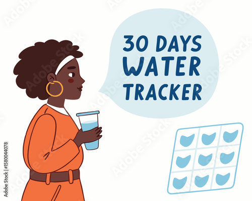 Vector art of a woman tracks her daily water intake with a hydration app