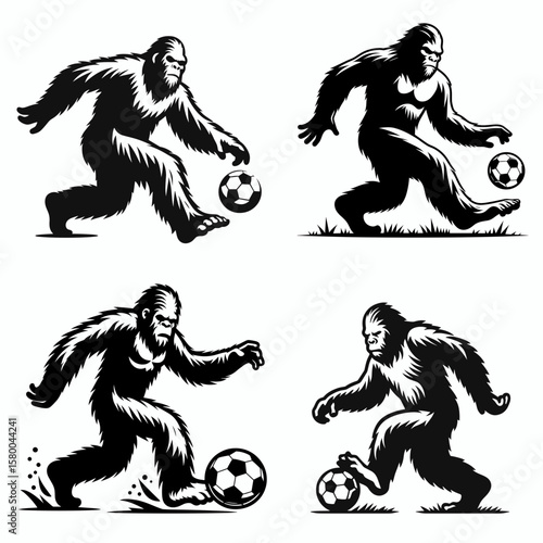 Bigfoot play soccer. Football Sports Ball Game silhouette Clipart Line Art Vector Illustration. Sasquatch enjoy a friendly foot game creature engage in outdoor recreation.