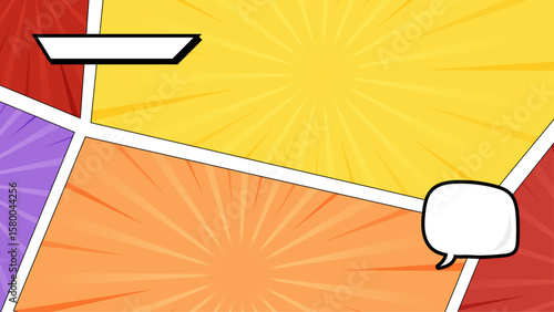 Colorful comic book page with speech bubbles and radiant panels, suitable for graphic novels, children's books, and social media content.