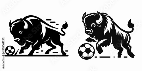 Bison play soccer. Football Sports Ball Game silhouette Clipart Line Art Vector Illustration. Large mammal do activity involving foot and inflated on a playing field.