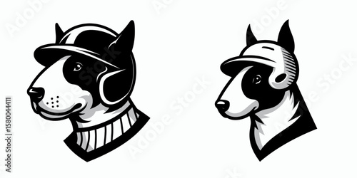 Bull Terrier Dog with baseball helmet. Football Sports Ball Game silhouette Clipart Line Art Vector Illustration. Canine headgear a breed wearing sport protector.