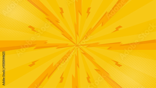 Yellow comic book background with radiating lines and lightning bolts. Perfect for superhero themed designs, children's books, and energetic branding projects.