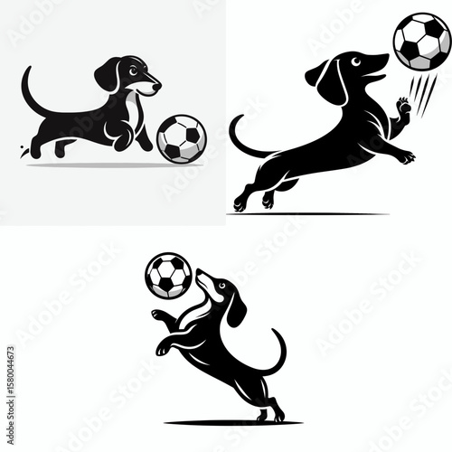 Dachshund Dog play soccer. Football Sports Ball Game silhouette Clipart Line Art Vector Illustration. Wiener canine enjoys a kick about of footie with in yard.