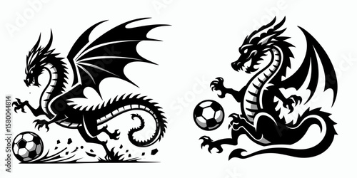 Dragon play soccer. Football Sports Ball Game silhouette Clipart Line Art Vector Illustration. Reptile do sport mythical beast kick a in friendly match activity.