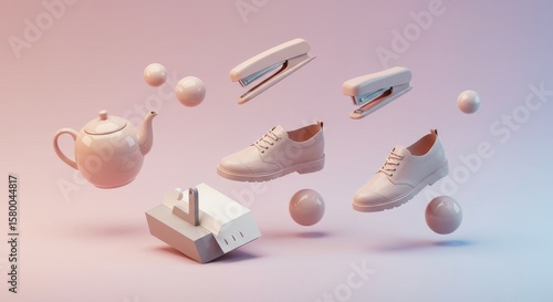 Surreal composition of everyday objects floating in a gradient pastel studio setting