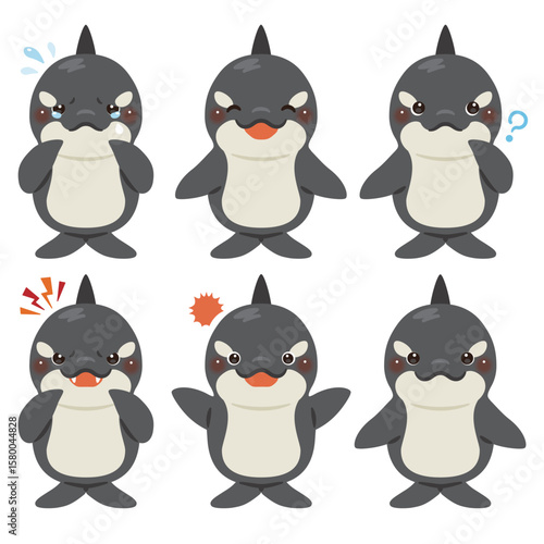 シャチのキャラクターイラスト　表情セット