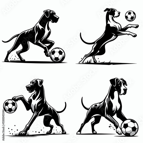 Great Dane Dog play soccer. Football Sports Ball Game silhouette Clipart Line Art Vector Illustration. Large breed canine having fun kicking a in match or.