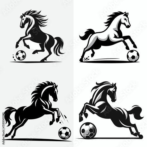 Horse play soccer. Football Sports Ball Game silhouette Clipart Line Art Vector Illustration. Fun involving equine frolic and a rounded ball casual activity.