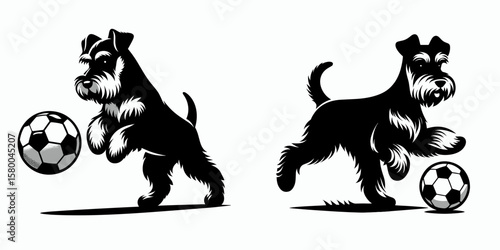 Miniature Schnauzer Dog play soccer. Football Sports Ball Game silhouette Clipart Line Art Vector Illustration. Small canine having fun kicking a in grassy area.