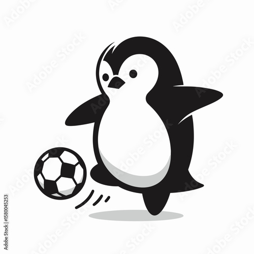 Penguin play soccer. Football Sports Ball Game silhouette Clipart Line Art Vector Illustration. Flightless bird enjoy kicking a in of footie great fun outdoor.