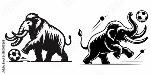 Mammoth play soccer. Football Sports Ball Game silhouette Clipart Line Art Vector Illustration. Big ancient creature do practice on a grass field fun activity.