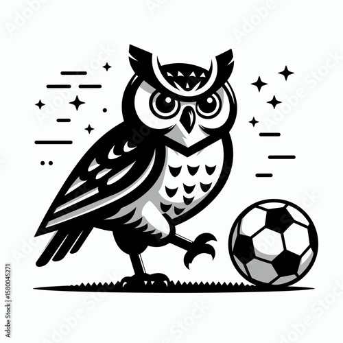 Owl play soccer. Football Sports Ball Game silhouette Clipart Line Art Vector Illustration. Bird do sport a nocturnal hunter enjoys kickoff fun recreation.