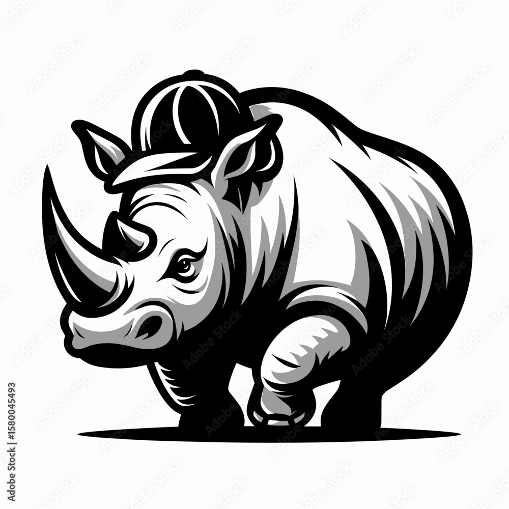 Fototapeta premium Rhino with baseball helmet. Football Sports Ball Game silhouette Clipart Line Art Vector Illustration. Large horned mammal wearing head protection for activity.