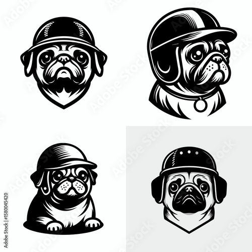 Pug Dog with baseball helmet. Football Sports Ball Game silhouette Clipart Line Art Vector Illustration. Canine wearing a batting headgear small breed pet in sport attire.