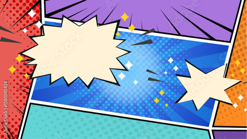 Colorful pop art comic book panel suitable for graphic design projects, social media posts, and retro themed marketing materials. Vibrant and eye catching.