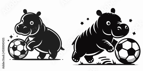 Pygmy hippo play soccer. Football Sports Ball Game silhouette Clipart Line Art Vector Illustration. Miniature water horse enjoy foot game a tiny mammal exhibit activity.