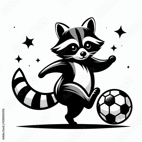 Raccoon play soccer. Football Sports Ball Game silhouette Clipart Line Art Vector Illustration. Wildlife enjoys kicking a ball furry mammal at outdoor game good time.