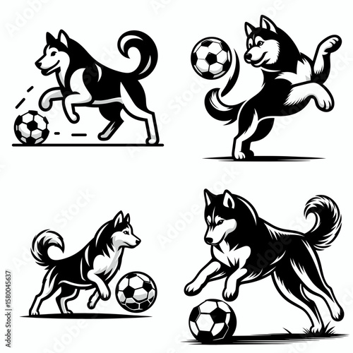 Siberian Husky Dog play soccer. Football Sports Ball Game silhouette Clipart Line Art Vector Illustration. Canine athlete enjoys a of foot ball alaskan sled hound sport.