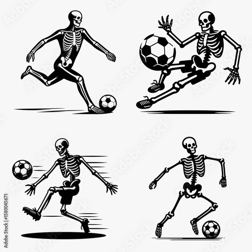 skeleton play soccer. Football Sports Ball Game silhouette Clipart Line Art Vector Illustration. Bony figure do sport human remain kick in a situation.