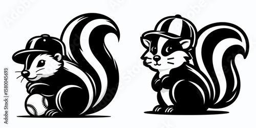 Skunk with baseball helmet. Football Sports Ball Game silhouette Clipart Line Art Vector Illustration. Striped polecat in ballgame headgear funny wildlife picture for sport fan.