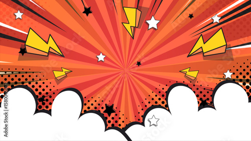 Vibrant comic book style with orange rays, stars, and lightning bolts. Perfect for superhero themed designs, kids illustrations, or energetic concepts.