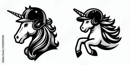 Unicorn with baseball helmet. Football Sports Ball Game silhouette Clipart Line Art Vector Illustration. Pony in protective headgear playing game fantasy equine novelty item.