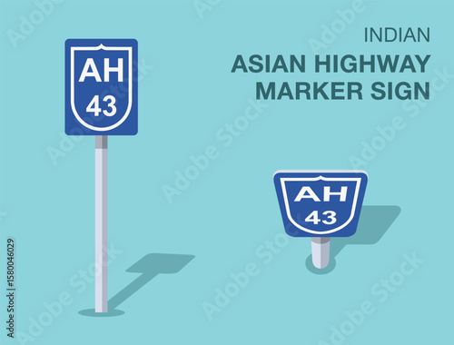Traffic regulation rules. Isolated indian "asian highway marker" road sign. Front and top view. Flat vector illustration template.